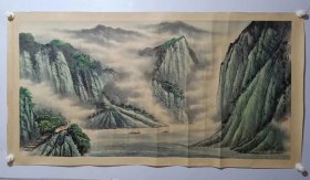保真书画，桂林画家，黄恒章先生四尺整纸《峡江烟云》山水画一幅，尺寸69×136cm ，青山绿水，金山银山！镜心