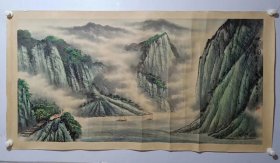 保真书画，桂林画家，黄恒章先生四尺整纸《峡江烟云》山水画一幅，尺寸69×136cm ，青山绿水，金山银山！镜心