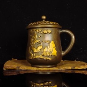 纯铜茶缸点金松鹤延年茶杯水杯居家茶道摆件家用观赏杯子点缀铜器