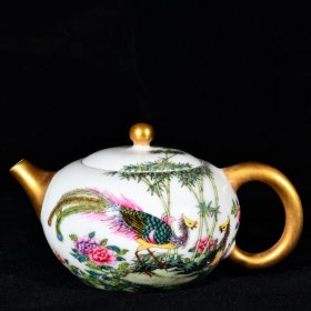 大清雍正年制洋彩珐琅彩凤求凰纹本色真金酒壶茶壶 高8.3宽15厘米1