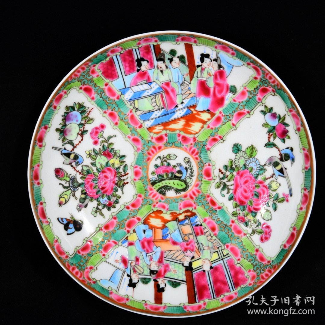 大清康熙年制外销瓷广彩珐琅彩本色真金人物花鸟纹盘 高4.4径22厘米2