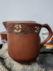 紫砂公杯※黑白黄花玛瑙釉