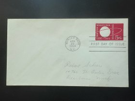 5美分无齿票（Unisphere图案）1964年纽约世博会纪念邮票首日封 （First day of issue）.+