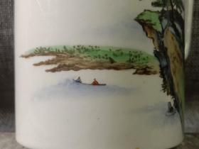 #23030802,1963年荣获路局63.8红旗奖手绘山水茶杯,兖机,品如图。