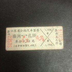 90年代江苏省公路汽车客票1张（泰兴至孔桥）（硬纸）（汽车票根）