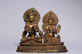 18世纪马拉王朝铜鎏金嵌宝双佛造像