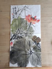 山东书画家刘志钰，水墨手绘花卉一副，尺寸69x34厘米，