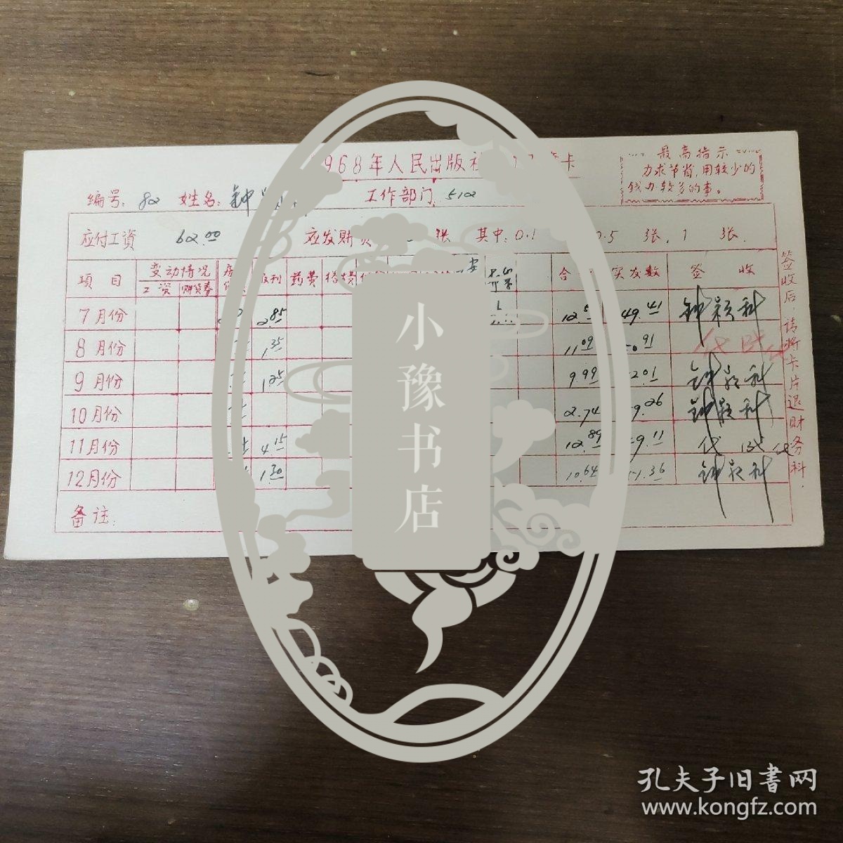 1968年人民出版社职工工资卡：著名编辑钟颖科  7月到12月份工资  其中钟颖科签字六处