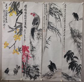 安徽萧县著名画家 萧龙士国画 花鸟四条屏 画工精美 尺幅大，尺寸136x34厘米x4幅，保真。