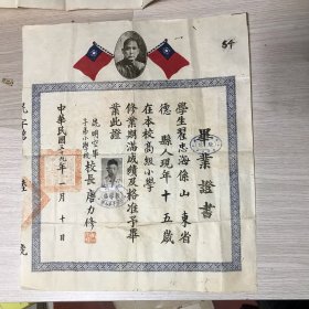 昆明空军子弟小学校  校长唐力修  发给翟忠海的毕业证书