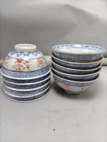 景德镇光明瓷厂七十年代库存早期玩玉款青花玲珑加彩茶碗10个