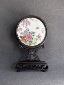 精品鸡翅木镶粉彩花鸟圆形瓷板画插屏摆台！ 《紫气东来》 尺寸高37×长21×宽6 「可拆卸组装」
