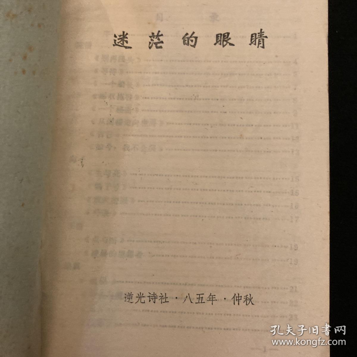 八十年代朦胧诗派逆光文学社诗丛自印诗刊《迷茫的眼睛》收入海子的生与死；鸽子号放大的眼外表四首诗；陈清、王浩、徐翼、李春、匡培慧、夏建超、宋平、刘志群、刘刚、文彤、钟小勇、杏佳、毛欣、卢冬禾。一众诗人