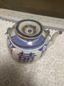 清中期青花喜字祥云壶完整美品带双铜提梁