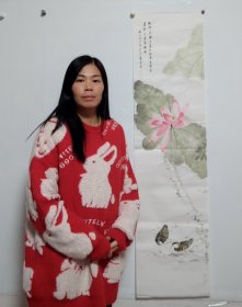 原创荷花荷塘画R8539名家花鸟画手绘真迹，中式淡雅风格竖幅客厅、书房、卧室、餐厅、茶室、玄关、门口写意窄条国画