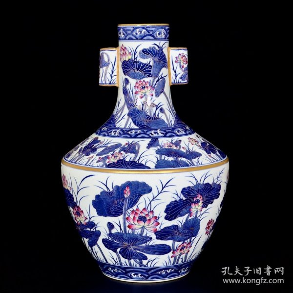 清乾隆珐琅彩青花描金荷花纹贯耳瓶38/26厘米