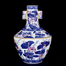清乾隆珐琅彩青花描金荷花纹贯耳瓶38/26厘米