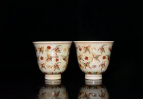 明代成化五彩蝴蝶纹杯一对 古玩古董古瓷器老货收藏