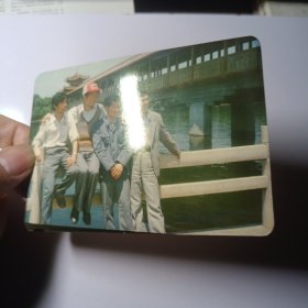 老照片–80年代四名青年在湖南烈士公园年嘉湖边留影（身后迎丰桥清晰可见）