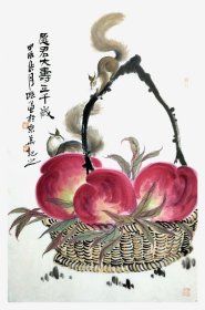 愿君大寿三千岁46×70厘米，宣纸软片未裱，装框图为效果图。 张谦原名张勇，字文进，号天东人，又号游心堂主。张宝珠先生入室弟子，早年随王炳龙老师学习花鸟。现为中国美术家协会会员，山东省美术家协会会员，山东画院画师，中国画创作研究院院聘画家，肥城市第九届十届政协委员。1968年生于山东肥城。2014年考入北京大学艺术学院中国画方向研究生班，就读于范扬工作室