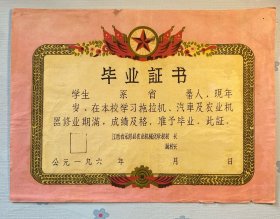 毕业证书（江西省永修县农业机械化学校）