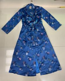 六七十年代创汇出口绸缎菊梅竹兰寿手工中国结纽扣宝蓝睡袍 风衣