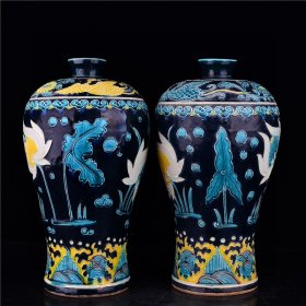 明中期法华彩一束莲海水凤纹对梅瓶古董古玩古瓷器文玩艺术收藏
