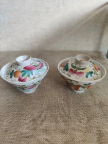精品粉彩盖碗一对 画片凸出 瓷质细薄 纯手绘 喝茶没得挑