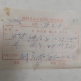 1976年开封县范村供销社发票，开封烟，瓶酒