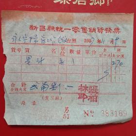 1957年11月29日，新昌县统一零售销货发票，墨汁，儒乔百货合作商店，永宁乡小学扫盲训练班（生日票据，日用百货五金类票据）。（22-7）