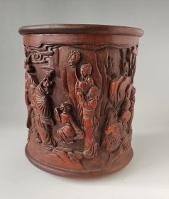 竹雕笔筒《祝寿图》
