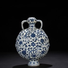 明永乐青花缠枝花卉纹如意耳扁瓶 28*20厘米 1500