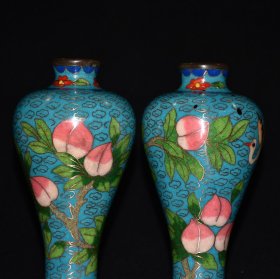 早期收藏 纯铜景泰蓝掐丝小口仙鹤对花瓶摆件 做工精细 品相如图 尺寸：长8.5厘米 宽8.5厘米 高20厘米 重1687克