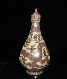 旧藏 明代宣德黄釉釉里红龙纹宝塔瓶一对【58x29cm】