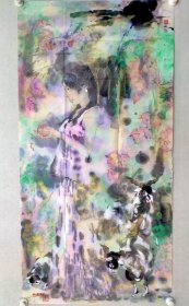 保真书画，山东名家邹光平彩墨人物画精品竖幅一幅，附带作者画集，画袋等资料！134×68cm软片