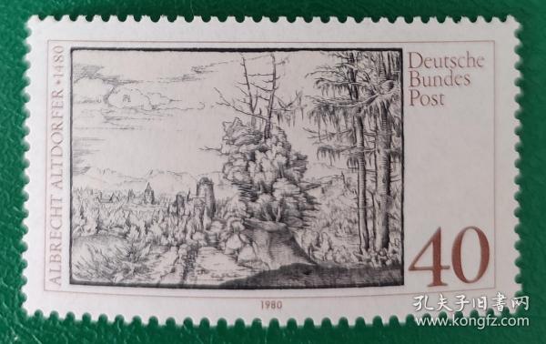 德国邮票 西德1980年 画家 阿尔特多费尔诞生500周年-铜版画 风景和冷杉树 1全新