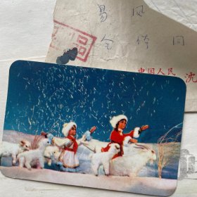 1975年《草原红花》木偶剧照年历卡片一对，全新信封装