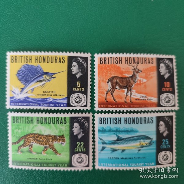 英属洪都拉斯邮票 1967年国际旅游年旗鱼 维纳斯雅鹿 美洲豹 大西洋大海鲢 4全新