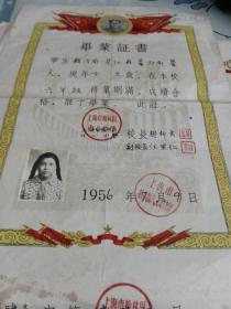 1956年上海市榆林区中心小学毕业证书校长樊析玄，副校长汪里仁毛笔签名钤印尺寸38.2x26.6cm