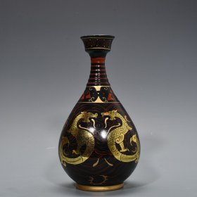 宋徽宗御制款汝窑漆器描金龙纹盘口瓶 29*14厘米 1500