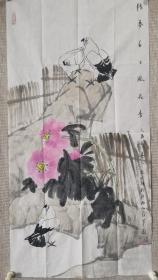 江文湛先生国画花鸟一幅《阳春白日风花香》 尺寸100x50厘米 保真