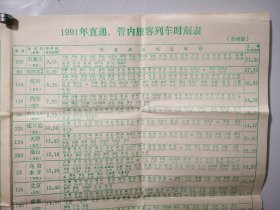 1991年苏州站旅客列车时刻表，1991年直通丶管内旅客列车时刻表，尺寸53.5-39㎝。