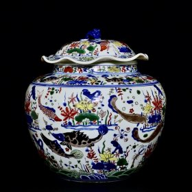 明嘉靖青花五彩鱼藻纹荷叶罐 35/32厘米