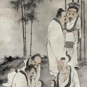 四条派晚期中坚，藤岛静村竹林七贤图，绢本绫裱骨质轴头，画心122*41，画心有老化黄点。192