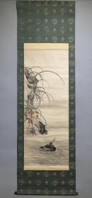 日本名家绘画：冈本秋晖《秋菊鱼鹰图》（保真，巨幅，附原画箱）