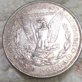 美国硬币。1889年一美元。画面:秃鹰脚下的树枝代表和平，箭代表武装力量。