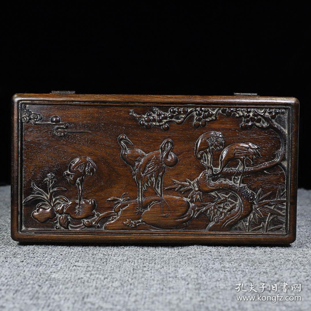 花梨木雕刻松鹤延年多宝盒，长31厘米宽16厘米高9厘米