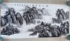 焦墨山水画，秋山苍翠图，写意的画法，国家一级美术师于宗孝老师的大作，于老师的纯手绘作品，假一赔万，正面一幅画，背面一幅画，支持第三方鉴定，老师的山水皴法点染，浓淡干湿焦，行云流水，树木和山石的刻画非常细，很有味道。1.38米×70公分，四尺整张的，家里客厅，卧室，书房都可悬挂，不挑地方，闭眼入，真的特别好看。