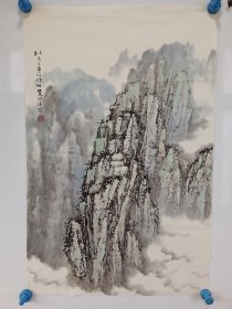 夏明远，水墨手绘山水画一副，尺寸69x45厘米，