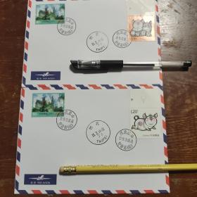 2019.1.5己亥年邮票 全套两枚 首日 符资 航空实寄成品，盖 河北盐山 野猪高（临）日戳